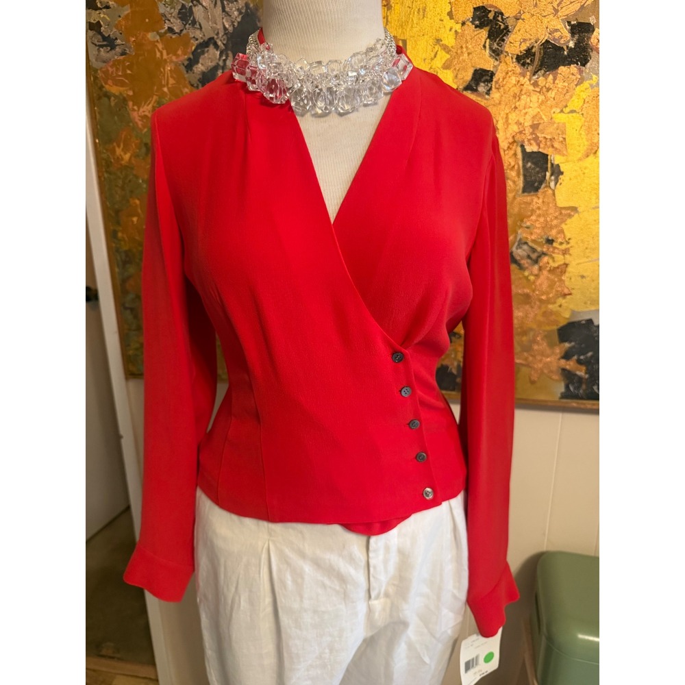 NWT Liz Claiborne Red 100% Silk Wrap Blouse Side Button V-Neck Top Size 8